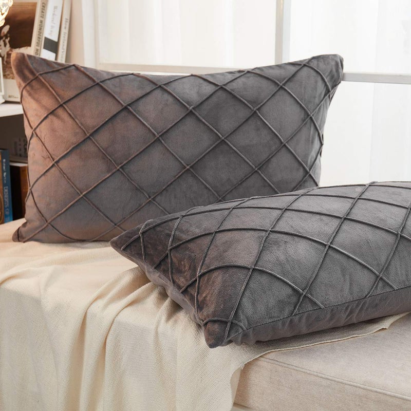 JAUXIO Diamond Pinch Pleated Crystal Velvet Pillowcases 2 Pack Solid Pintuck Throw Cushion Cover for Home Decor Hidden Zipper Closure (Dark Grey, King) - Image 3